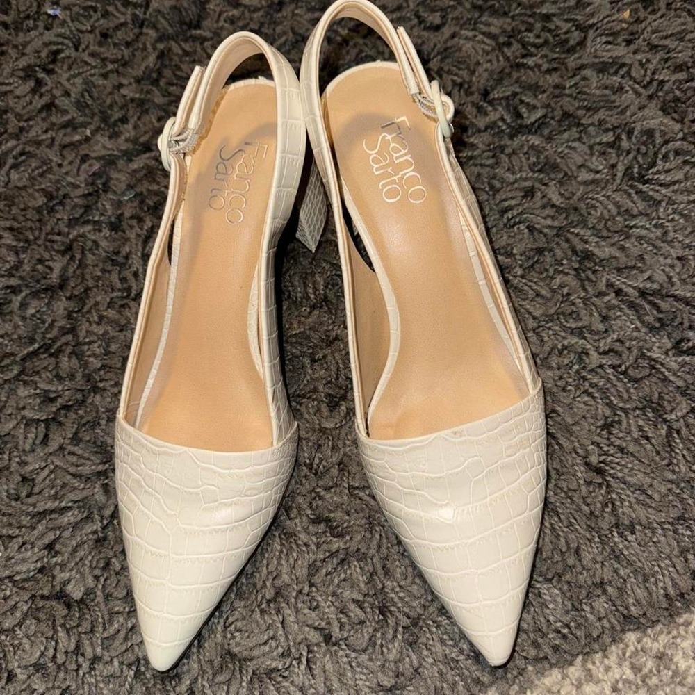 Franco Sarto Cream Croc Embossed Slingback Block Heel Pumps Pointed Toe